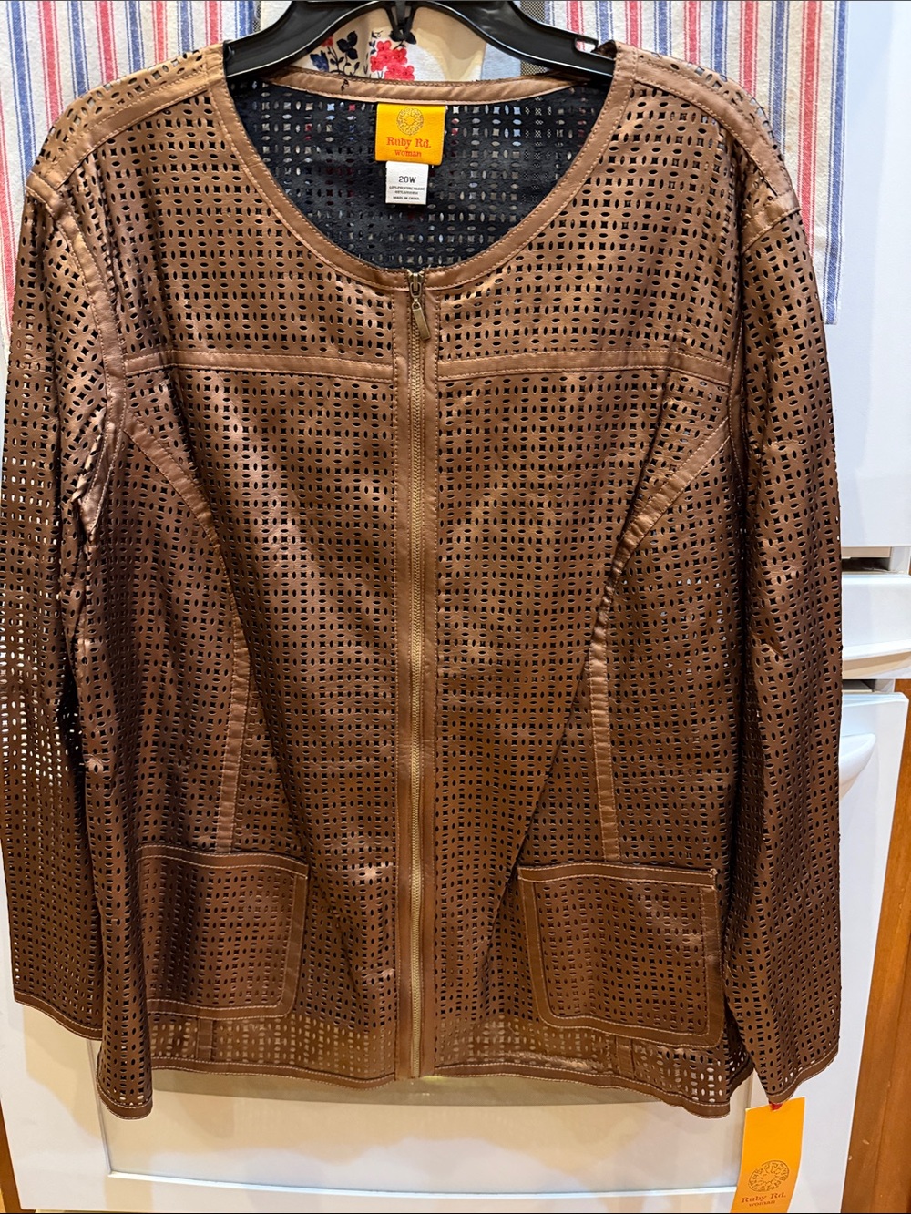 Ruby Rd. Perforated Brown Leather Zip-Front Jacket
